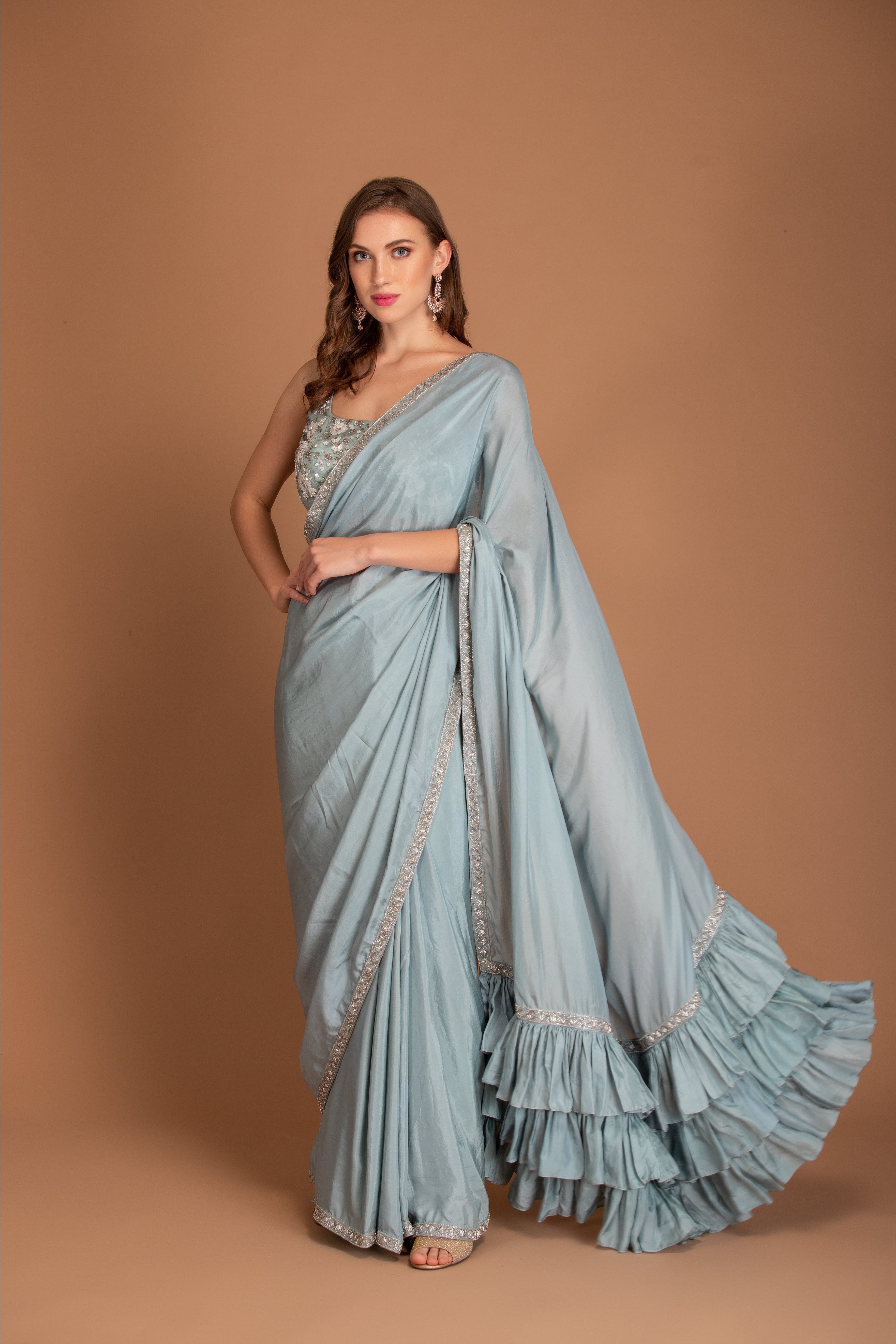 Ice Blue Hand Embroidered Ruffled Saree set