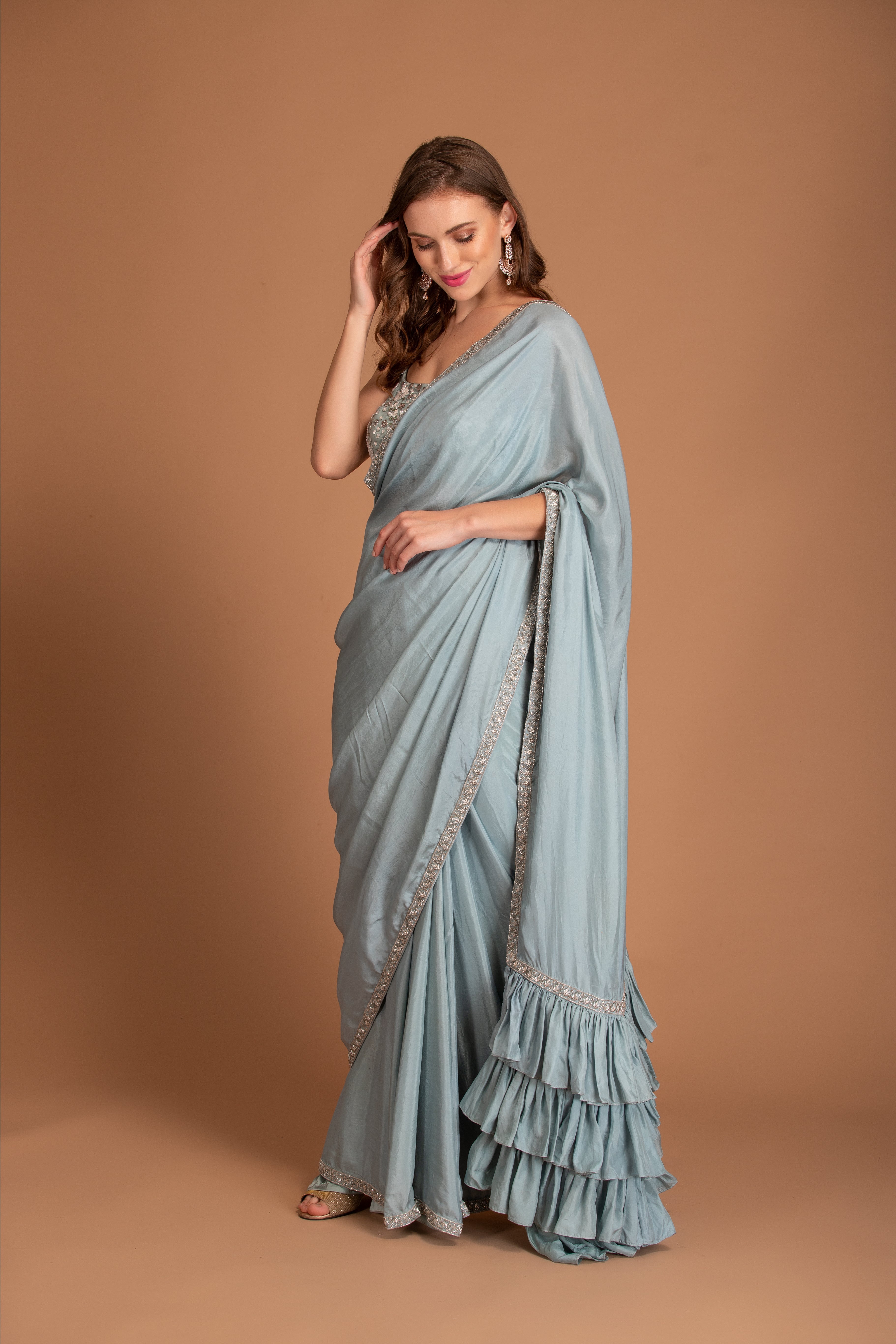 Ice Blue Hand Embroidered Ruffled Saree set