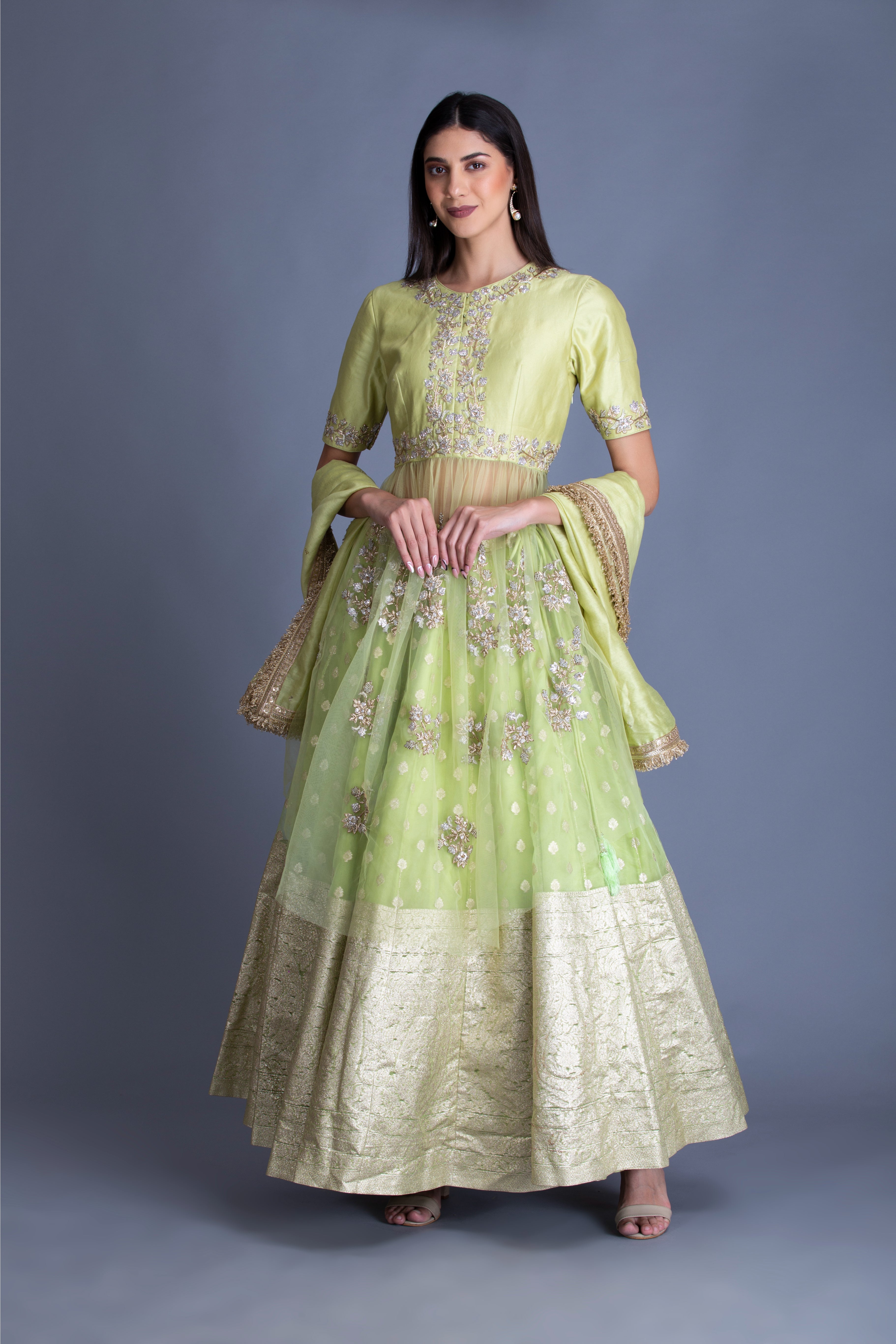 Lime Green Dabka Embroidered Banarasi Lehenga Set