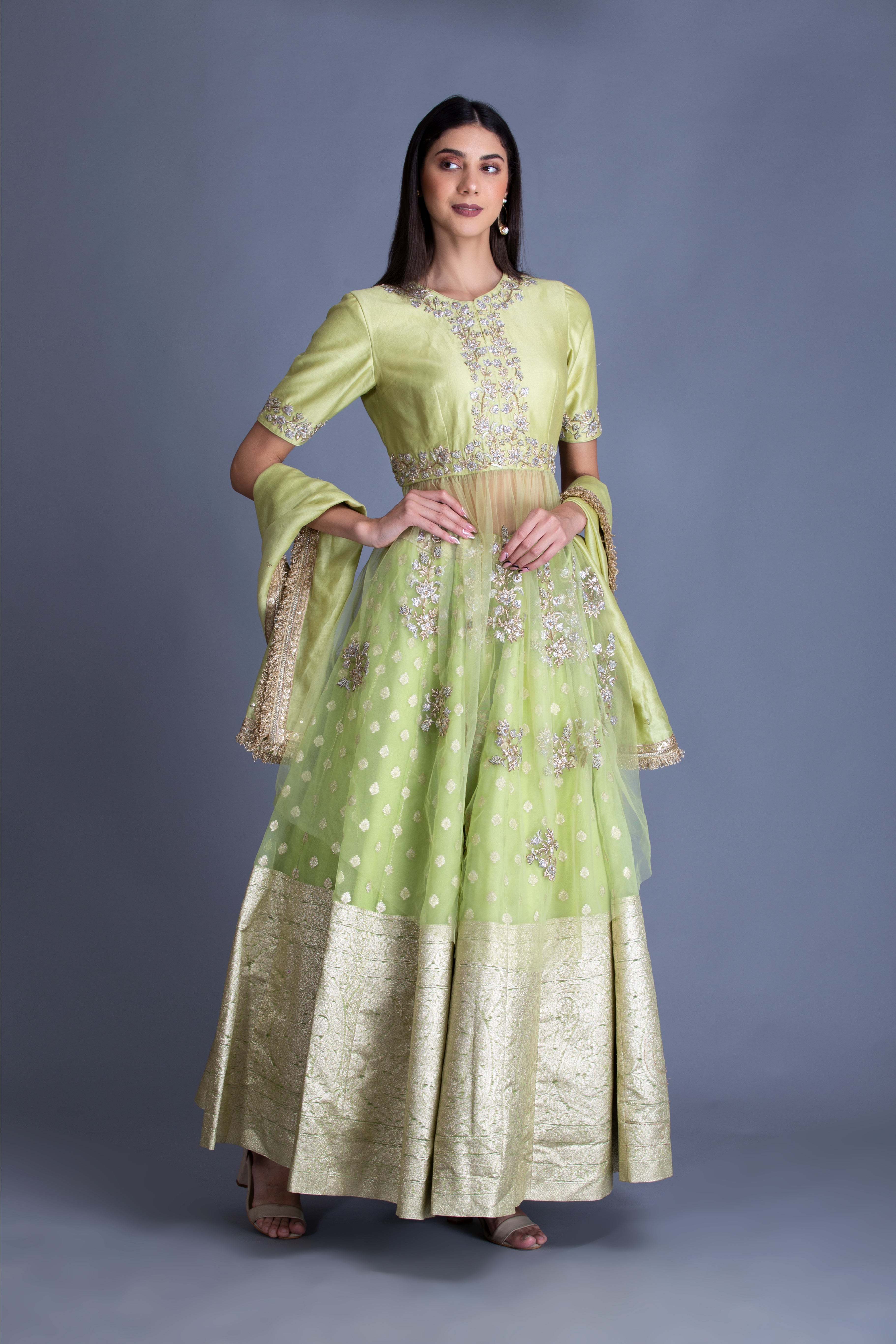 Lime Green Dabka Embroidered Banarasi Lehenga Set