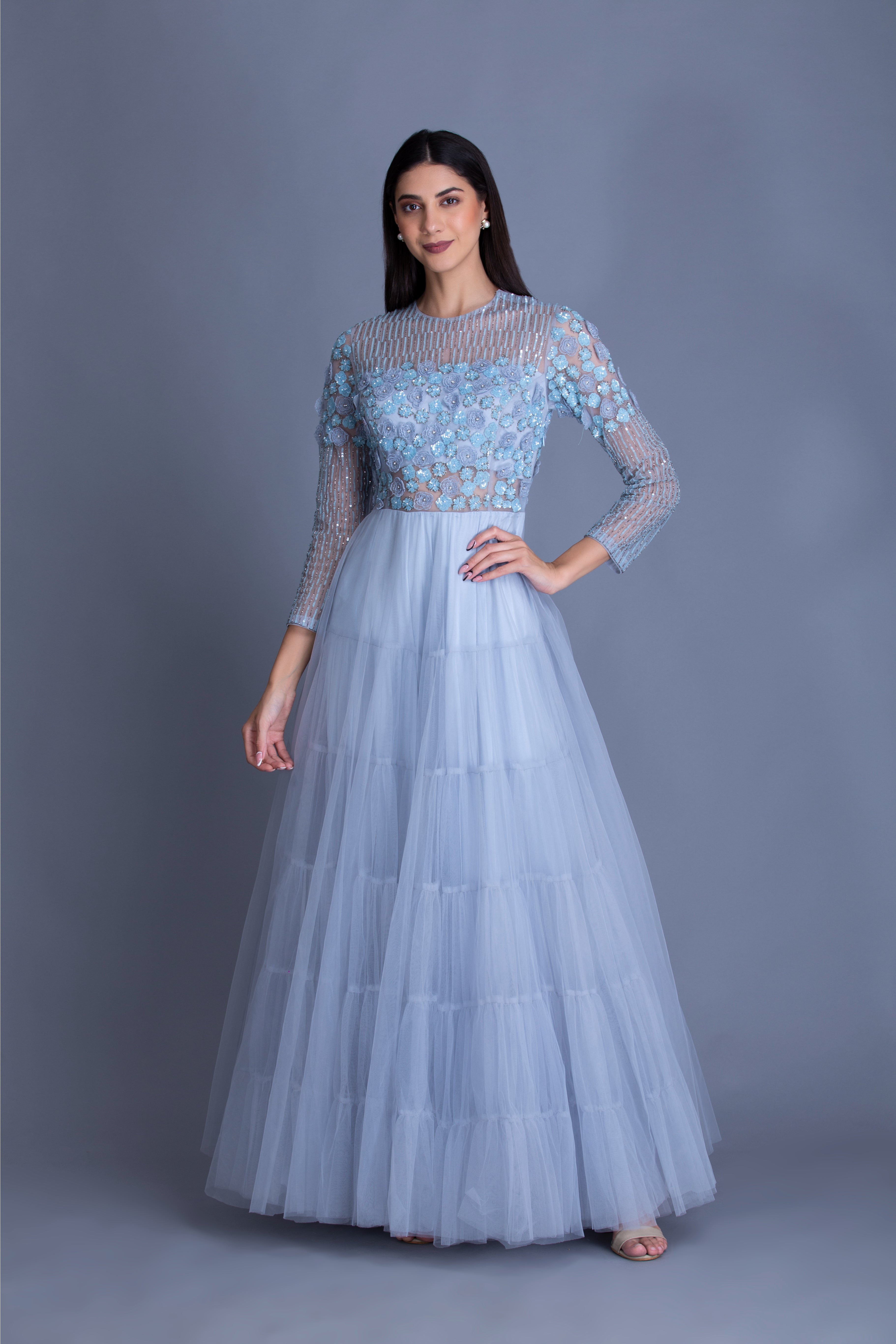 Powder Blue 3D Floral Embroidered Gown