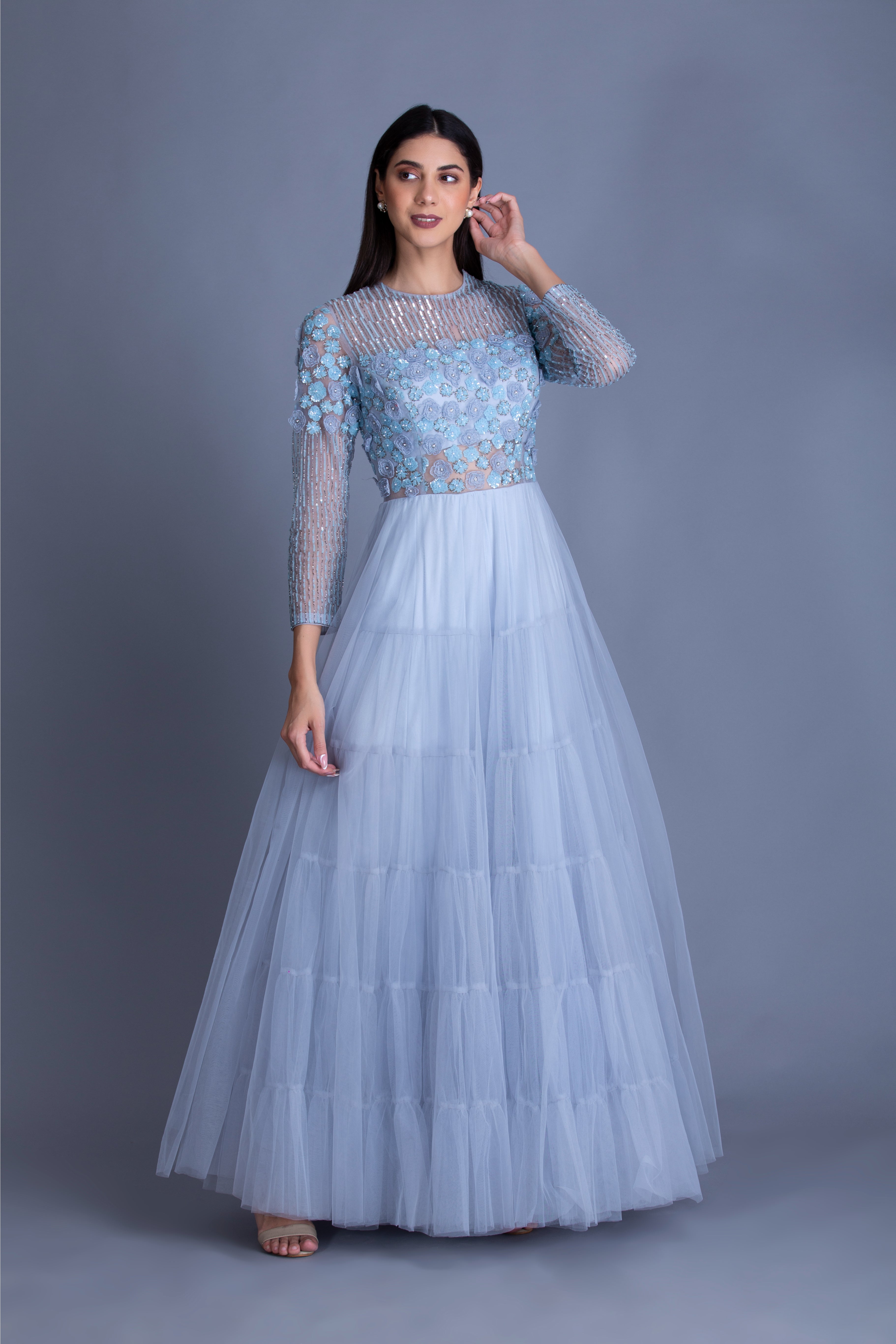 Powder Blue 3D Floral Embroidered Gown