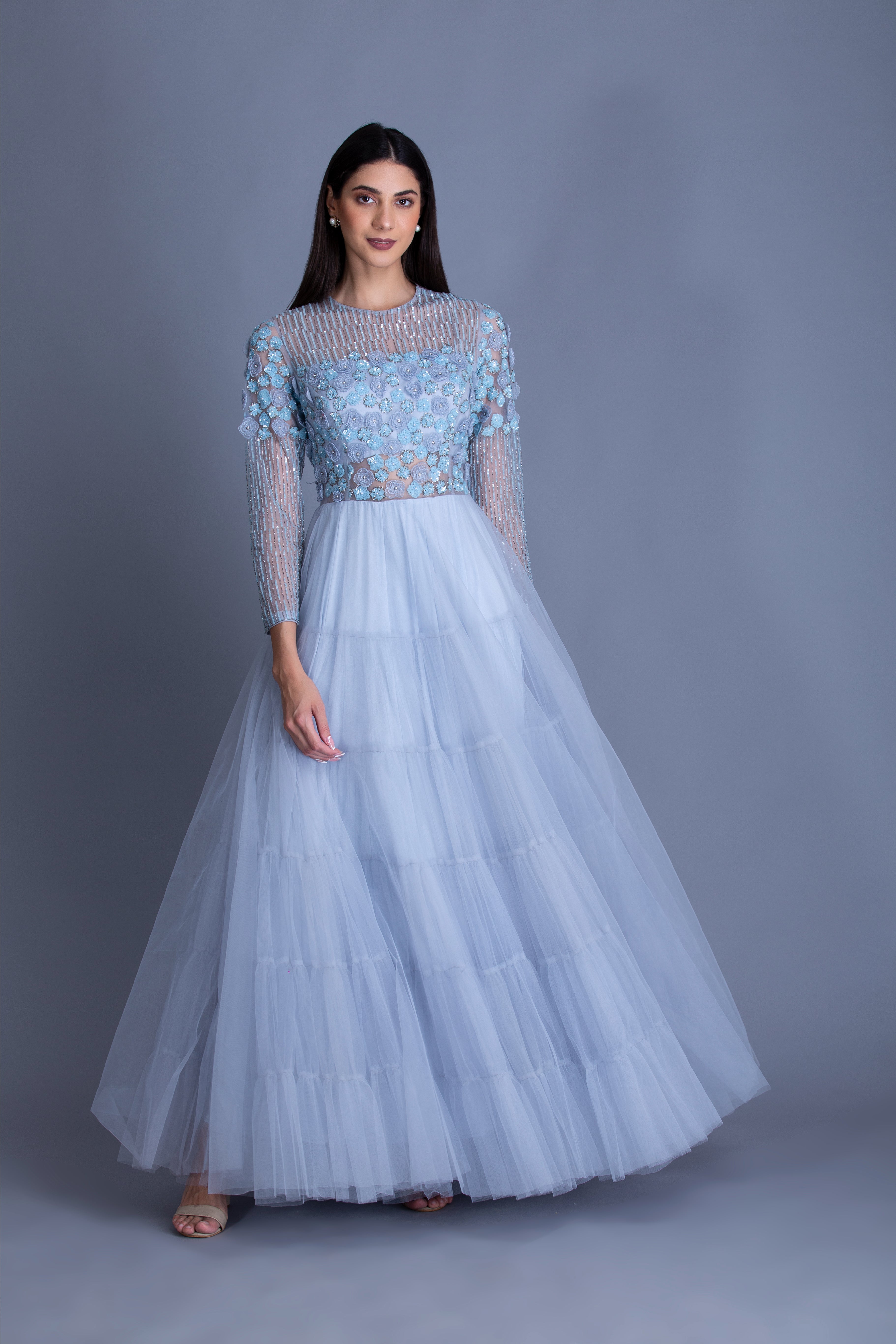 Powder Blue 3D Floral Embroidered Gown