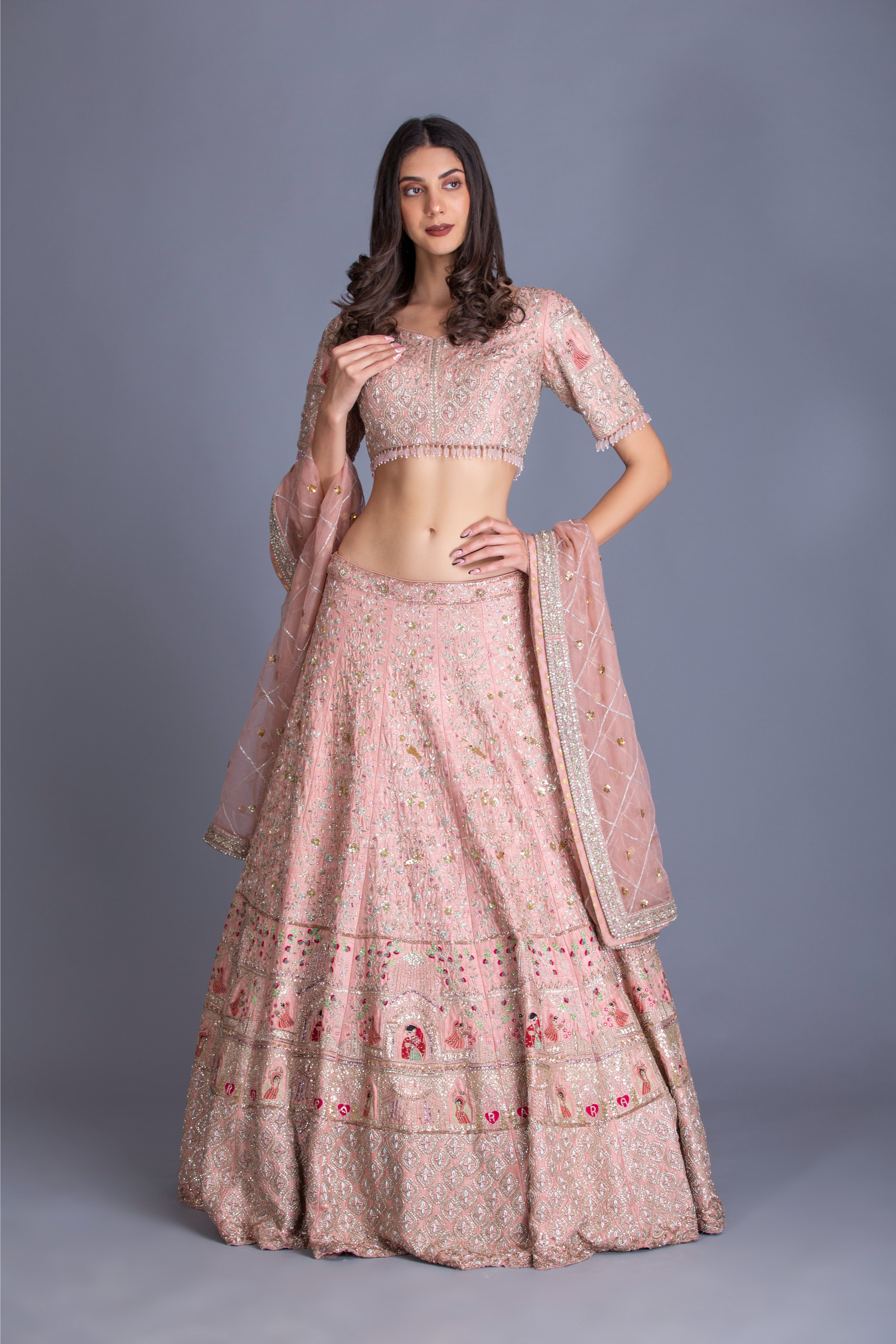 Rose Pink Embroidered Kalidar Bridal Lehenga Set