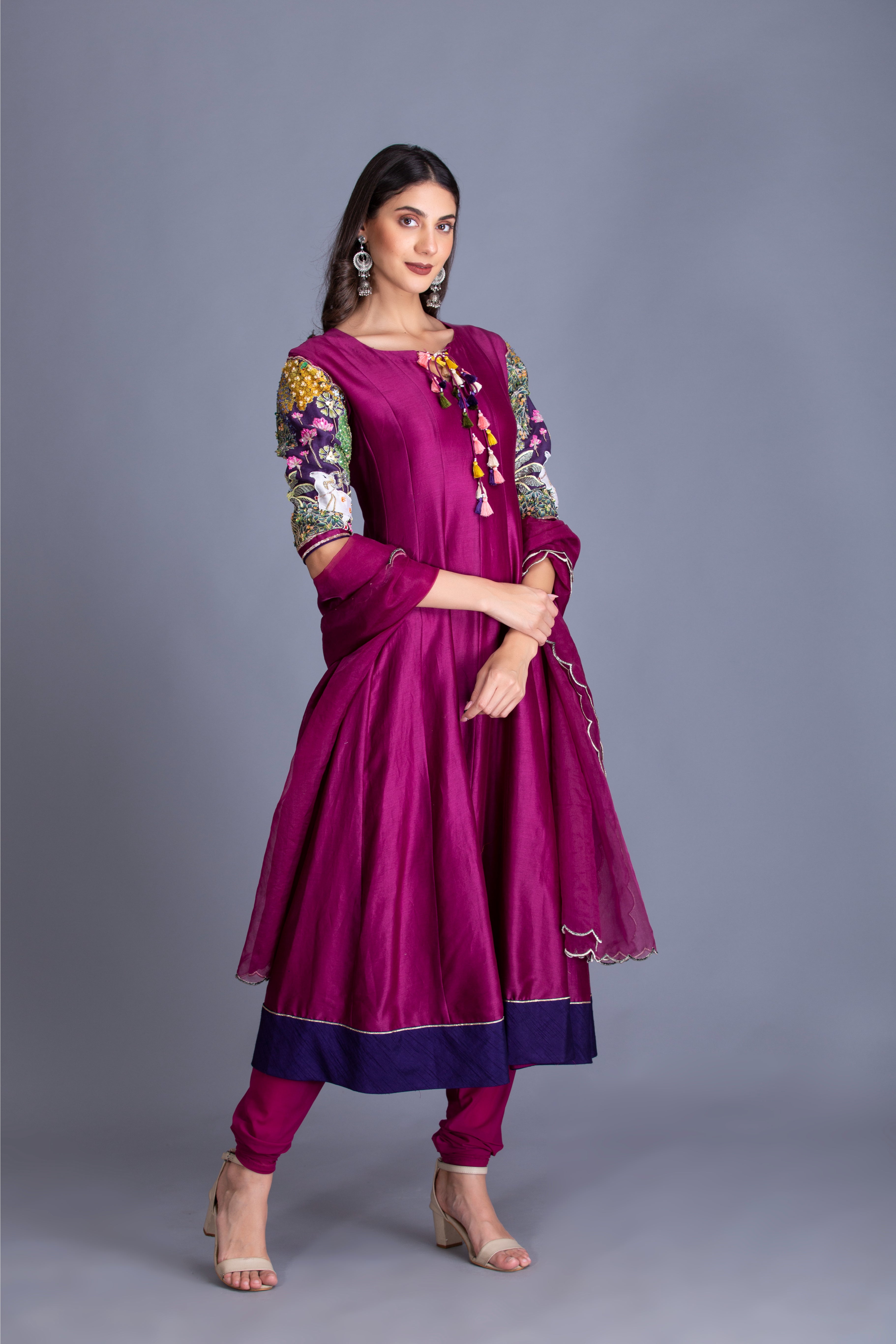 Magenta Purple Printed Anarkali Set