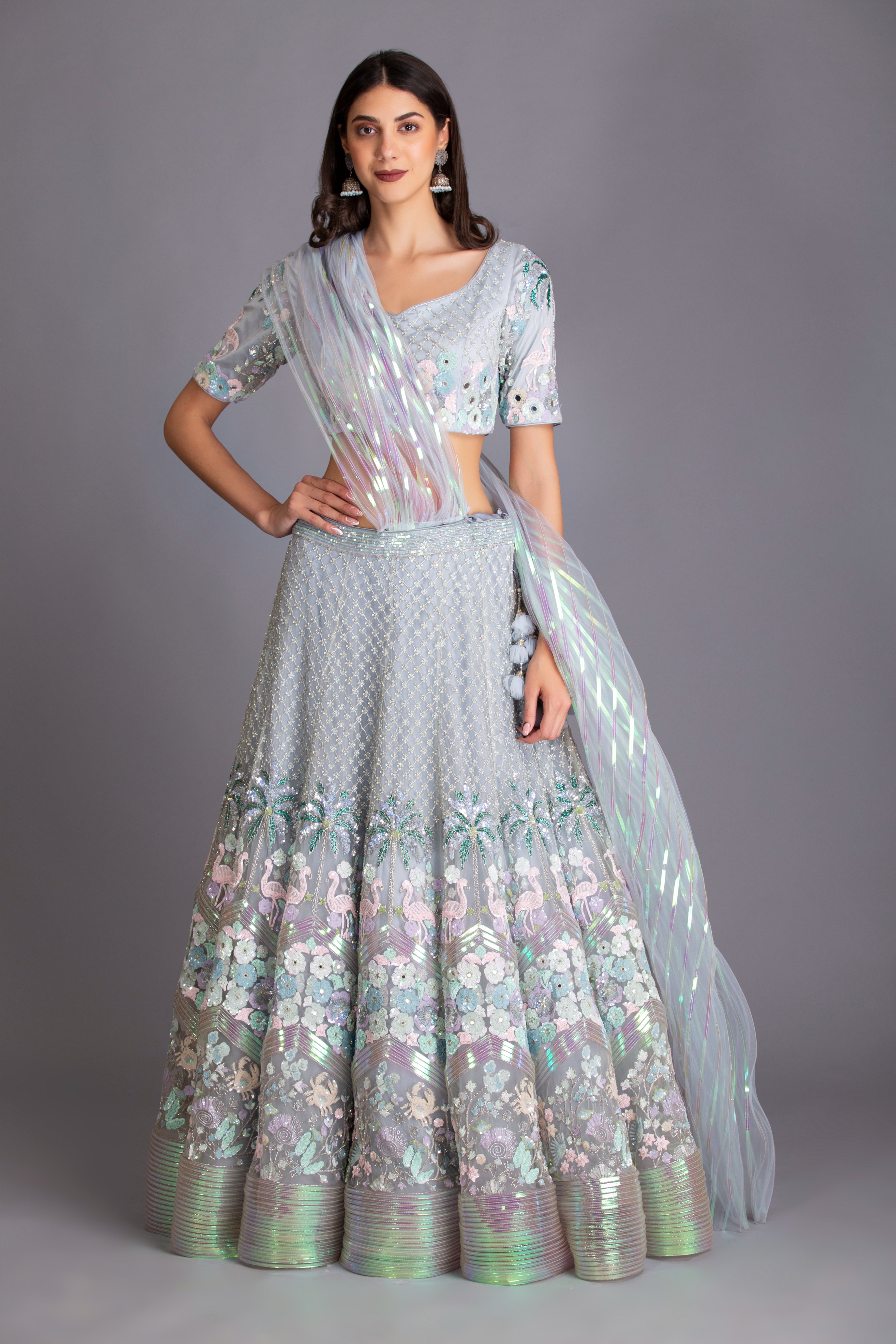 Powder Blue Hand Embroidered Kalidar Lehenga Set