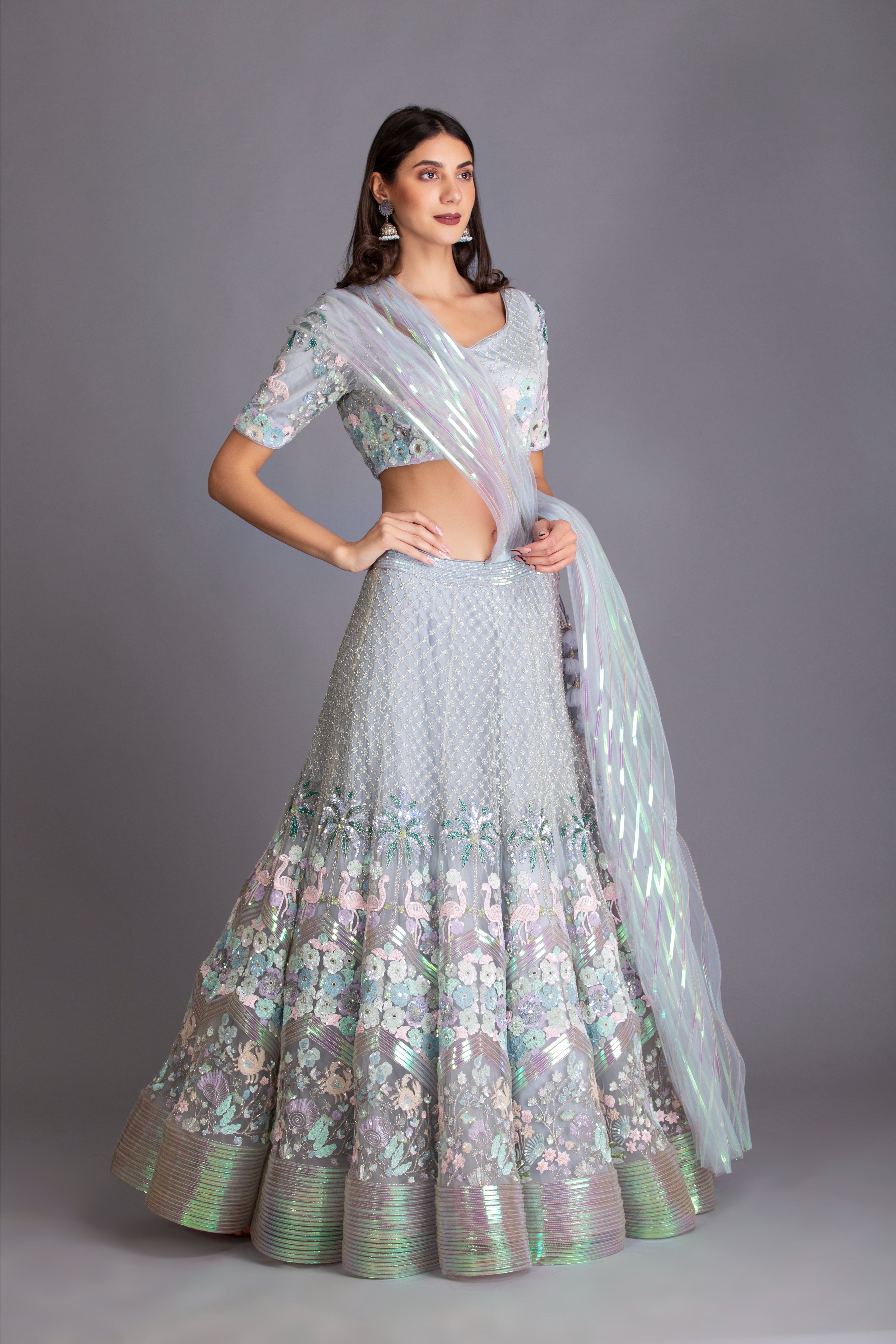 Powder Blue Hand Embroidered Kalidar Lehenga Set