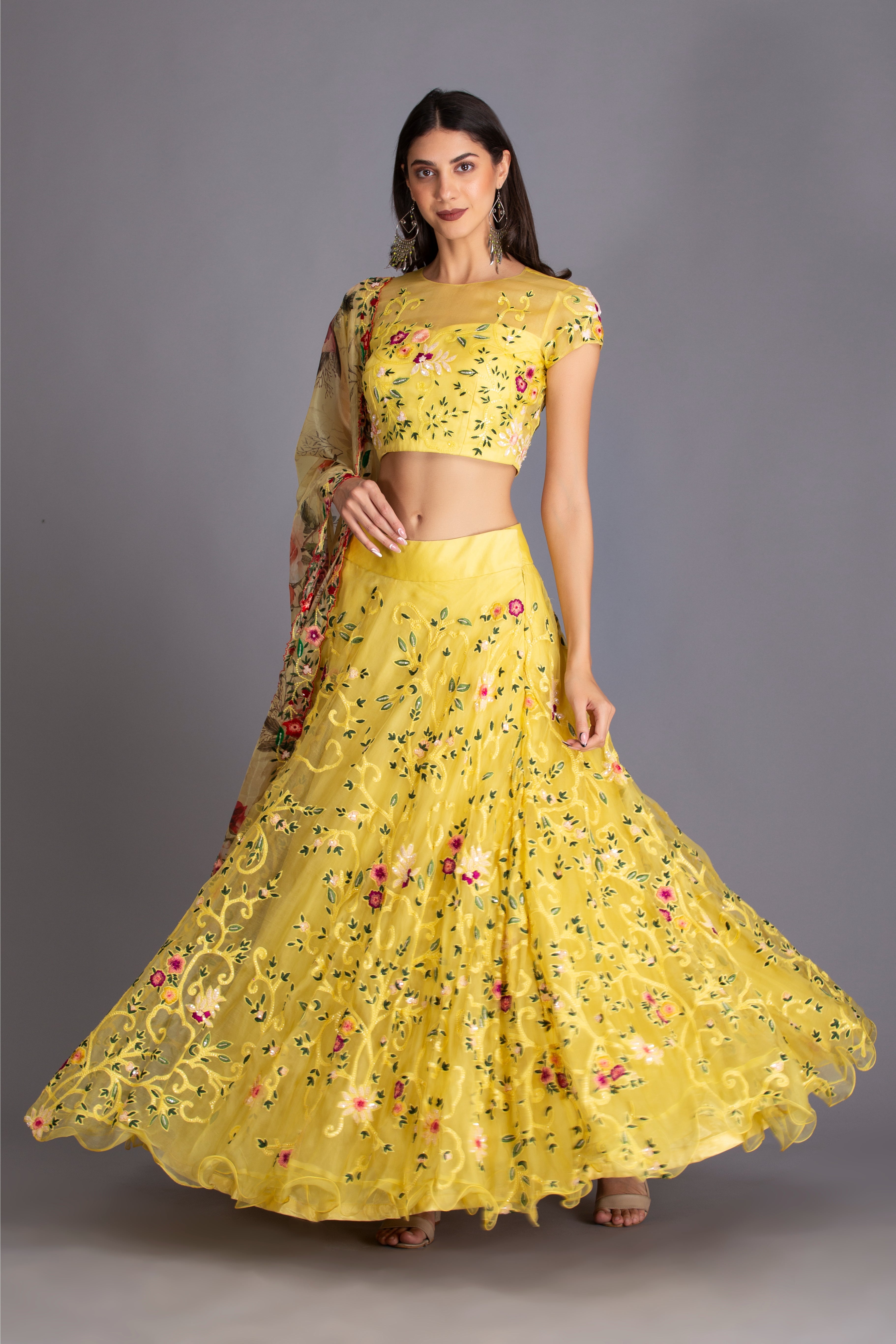 Jasmine Yellow Hand Embroidered Circular Lehenga Set