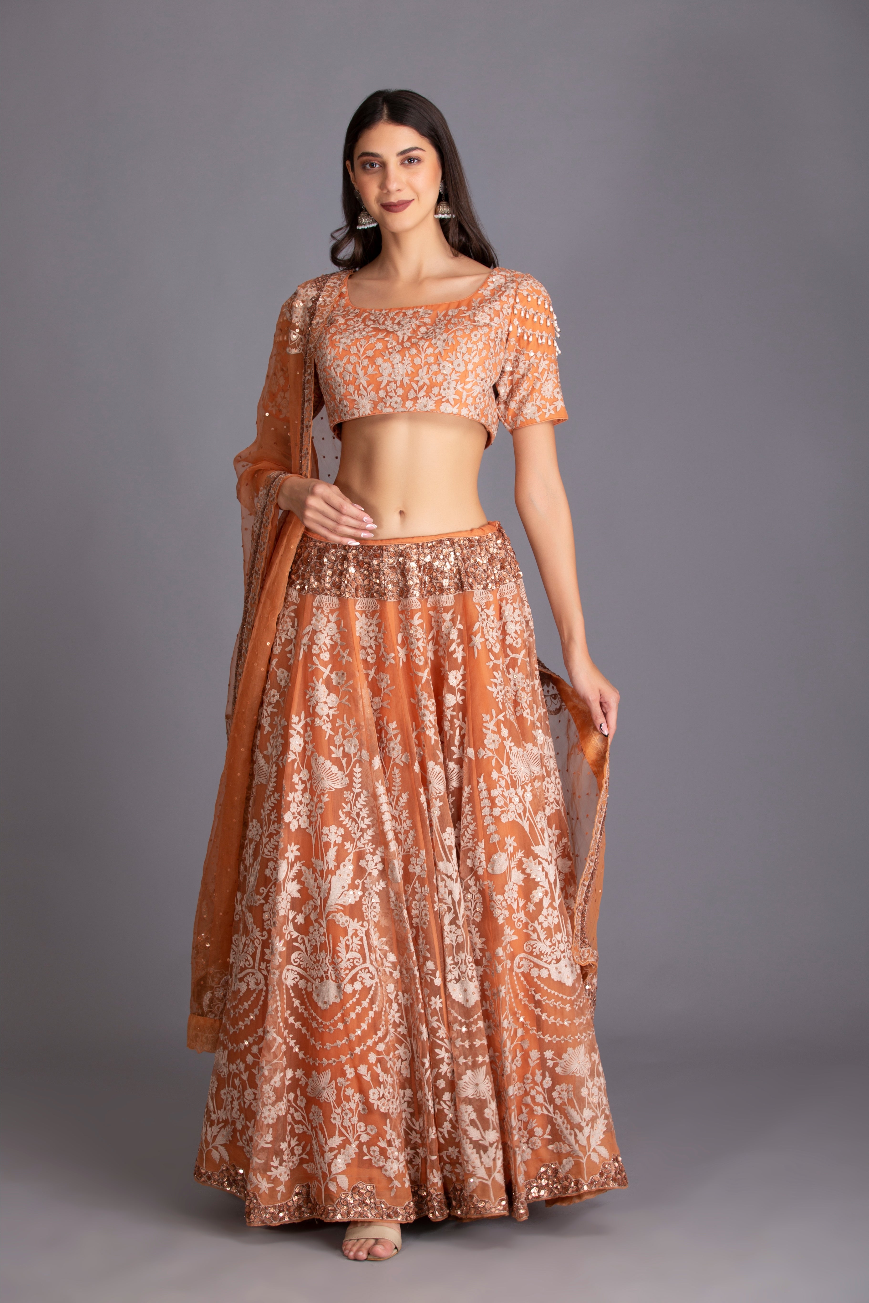 Rust Orange Hand Embroidered Kalidar Lehenga Set