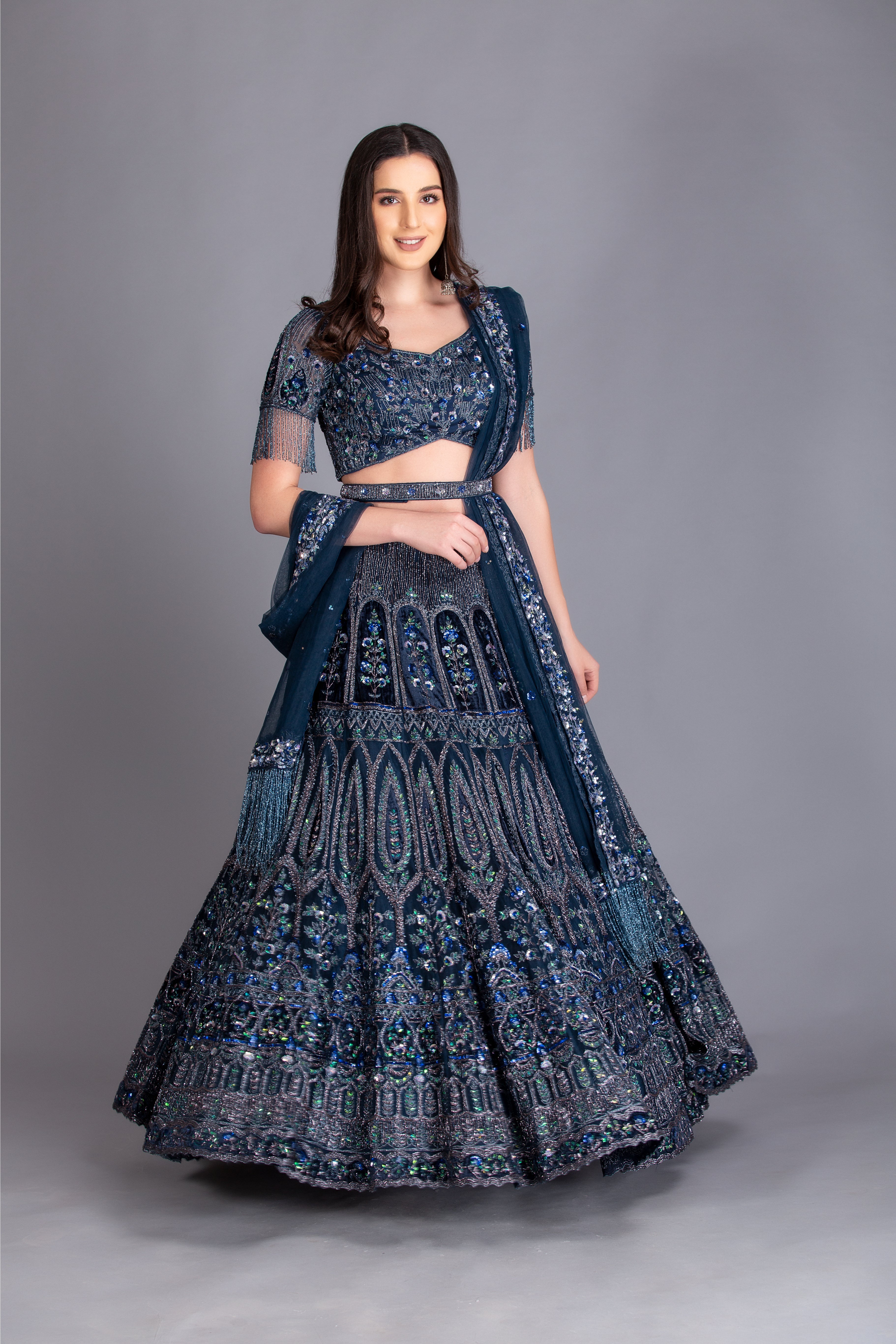 Midnight Blue Embroidered Kalidar Lehenga Set