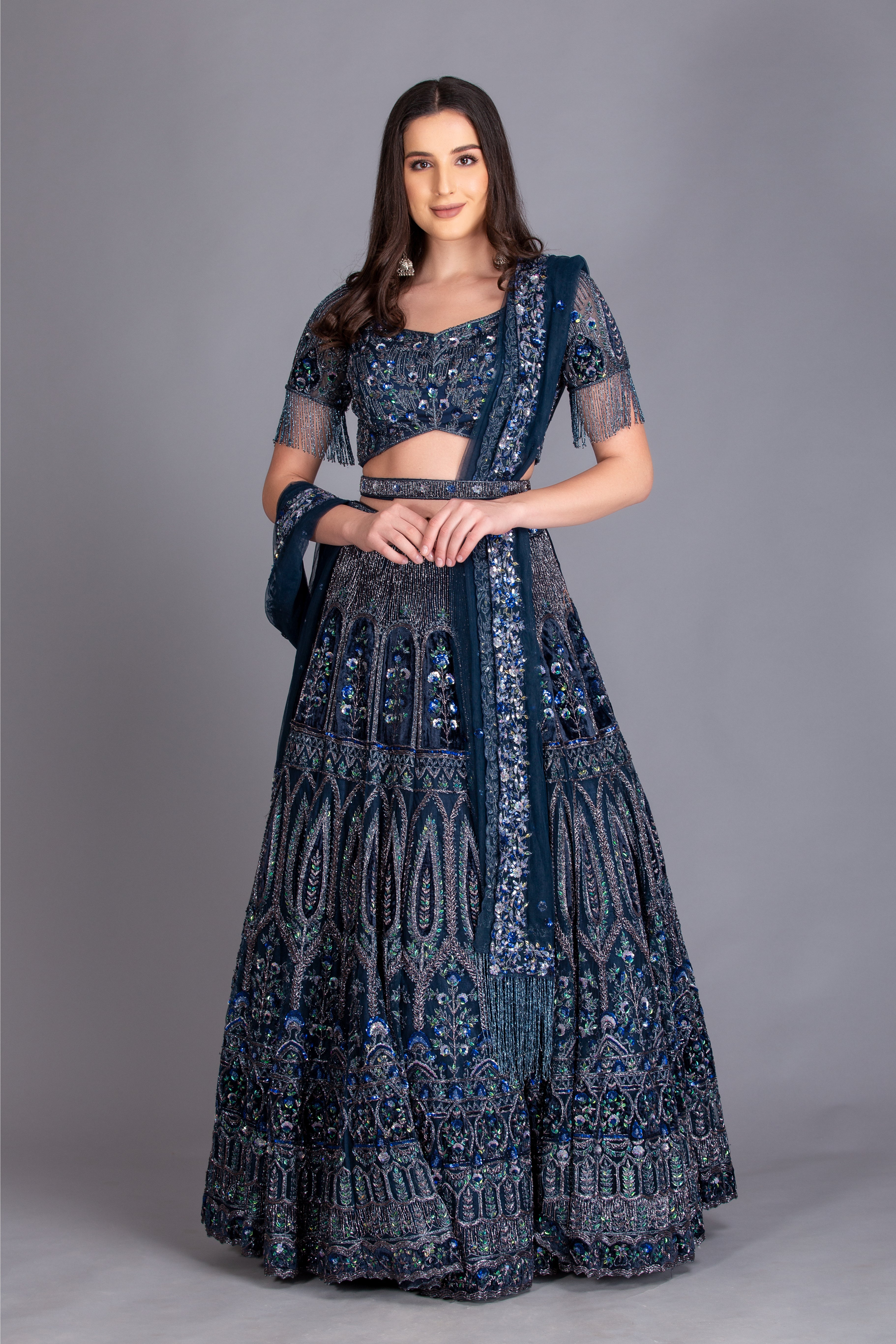 Midnight Blue Embroidered Kalidar Lehenga Set