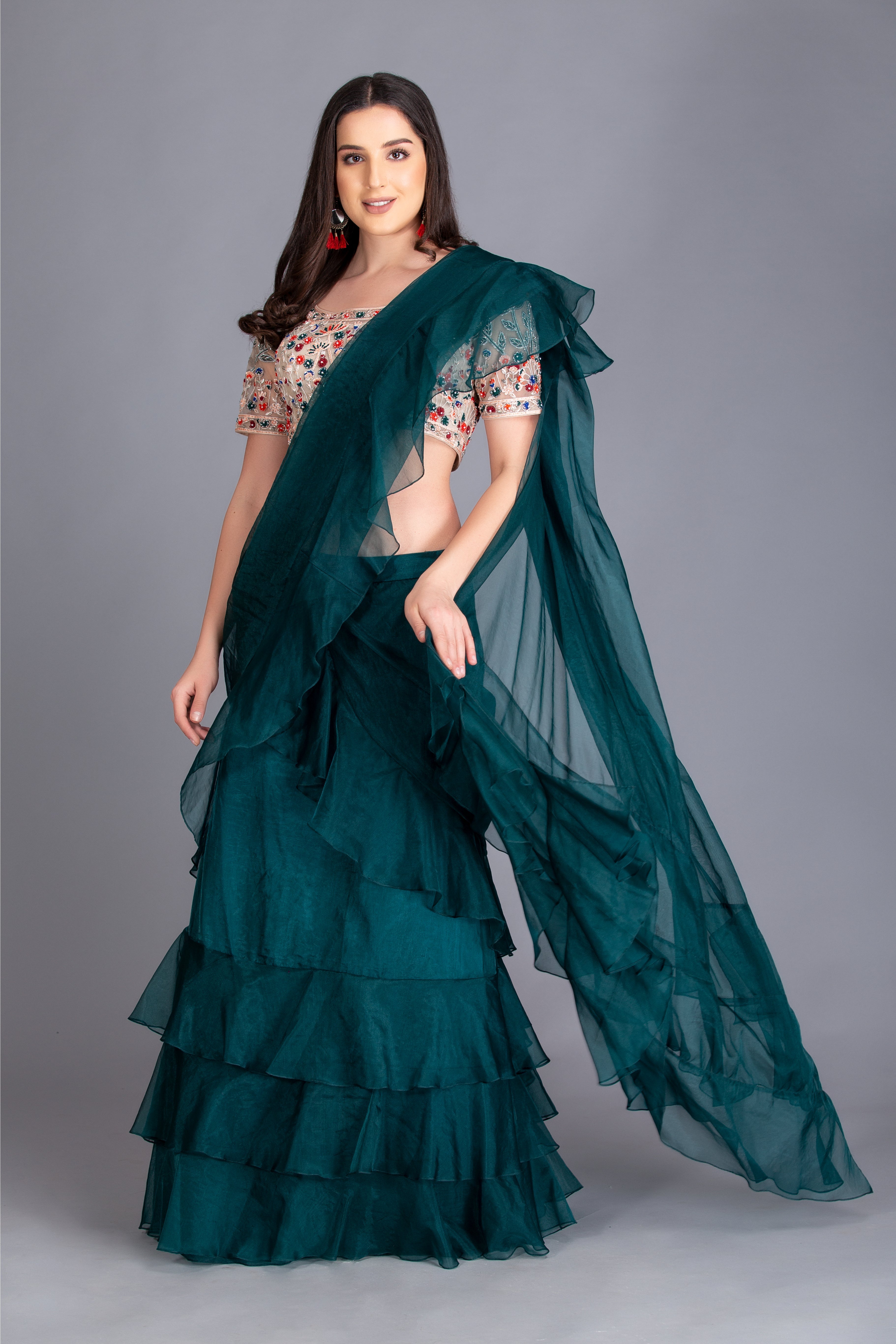 Teal Green Ruffled Pre-Draped Saree Set