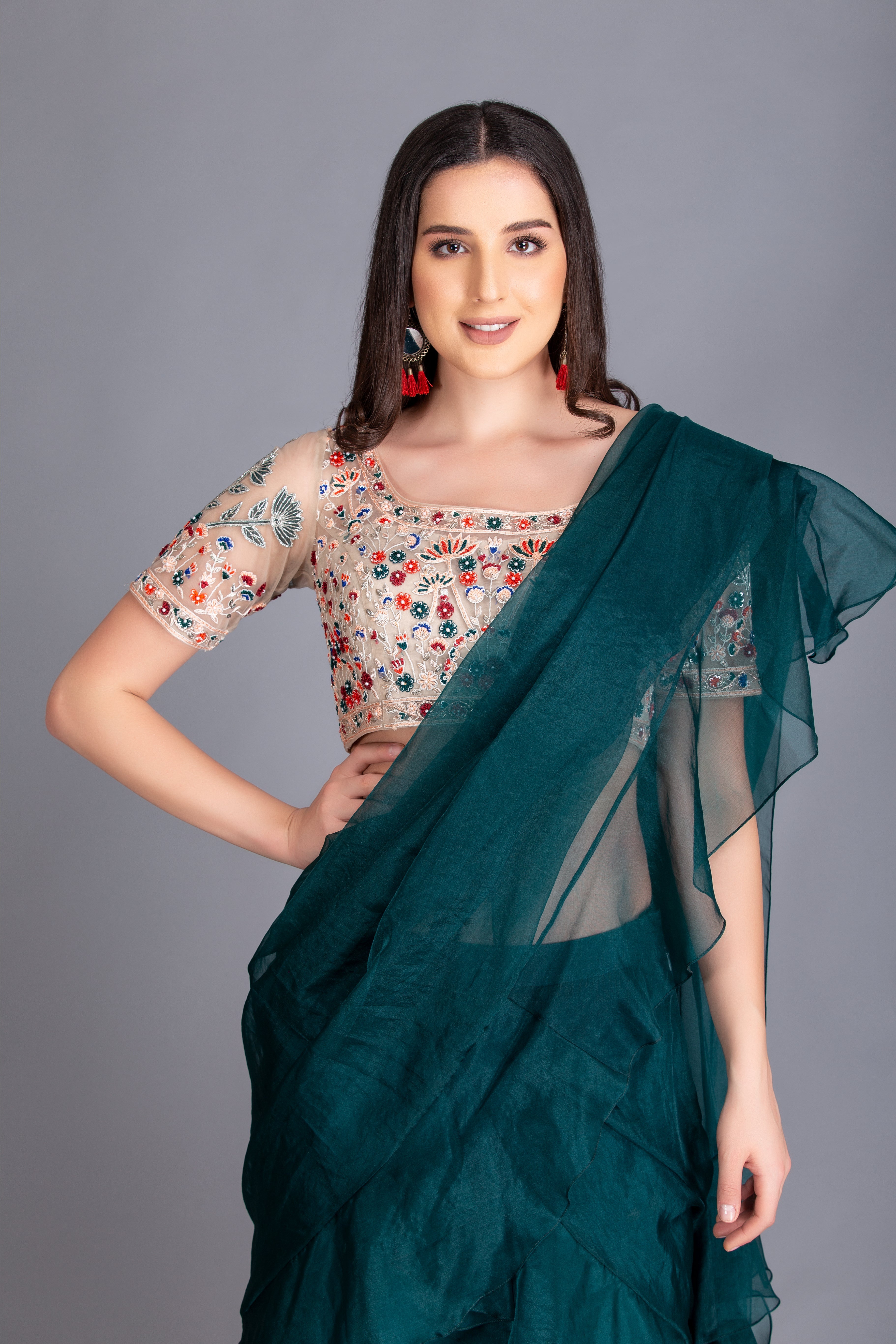 Teal Green Ruffled Pre-Draped Saree Set