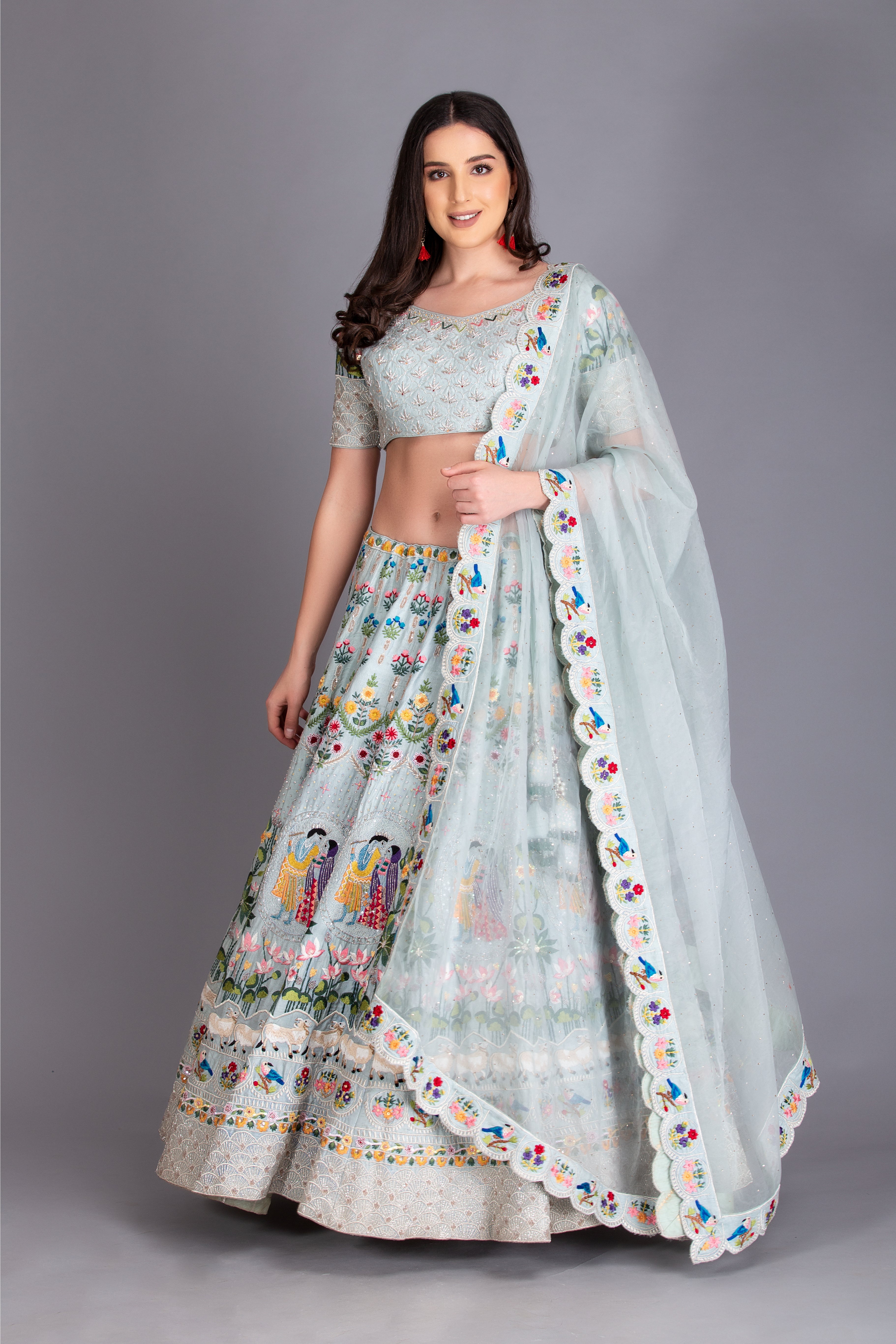 Ice Blue Hand Embroidered Kalidar Lehenga Set