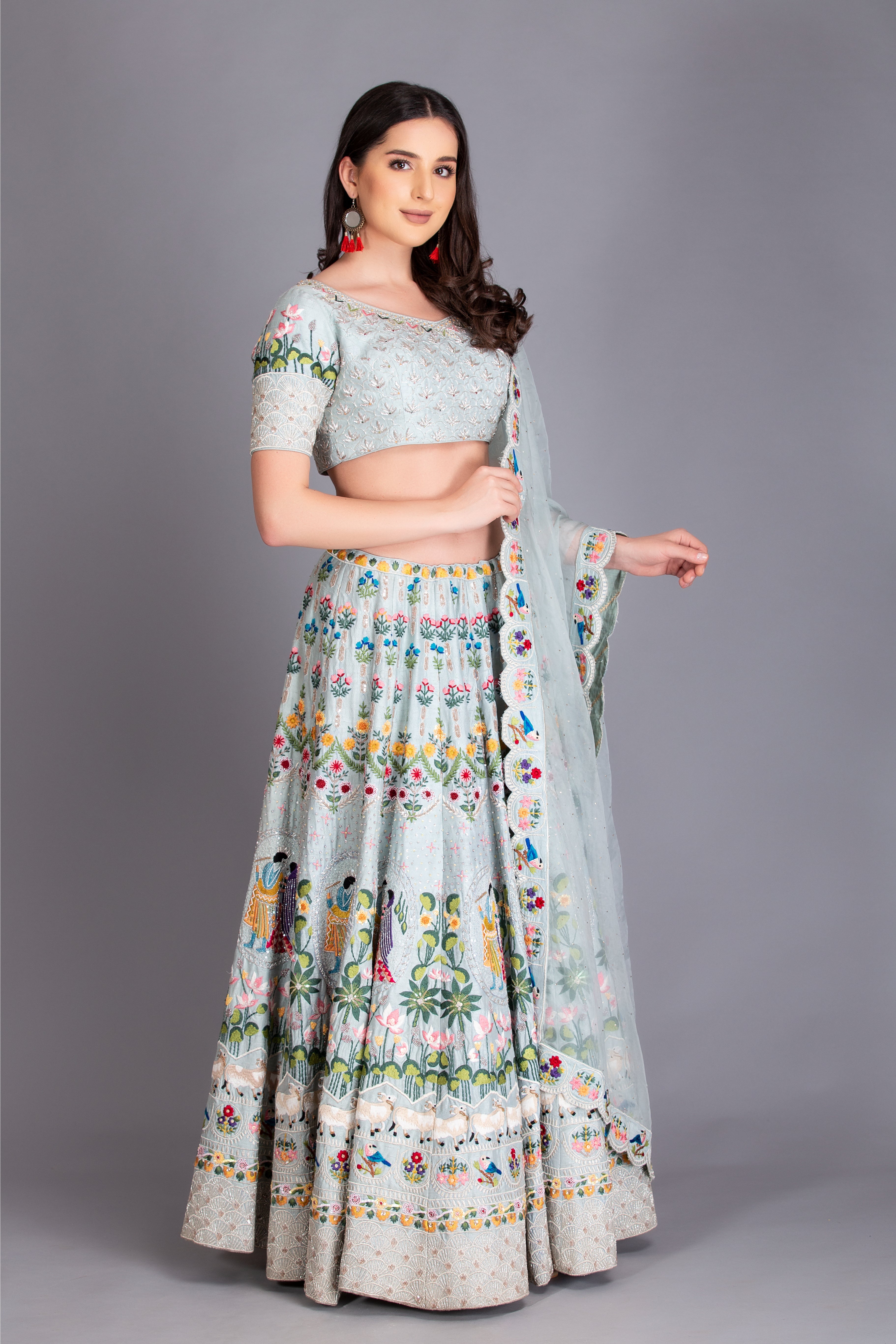 Ice Blue Hand Embroidered Kalidar Lehenga Set