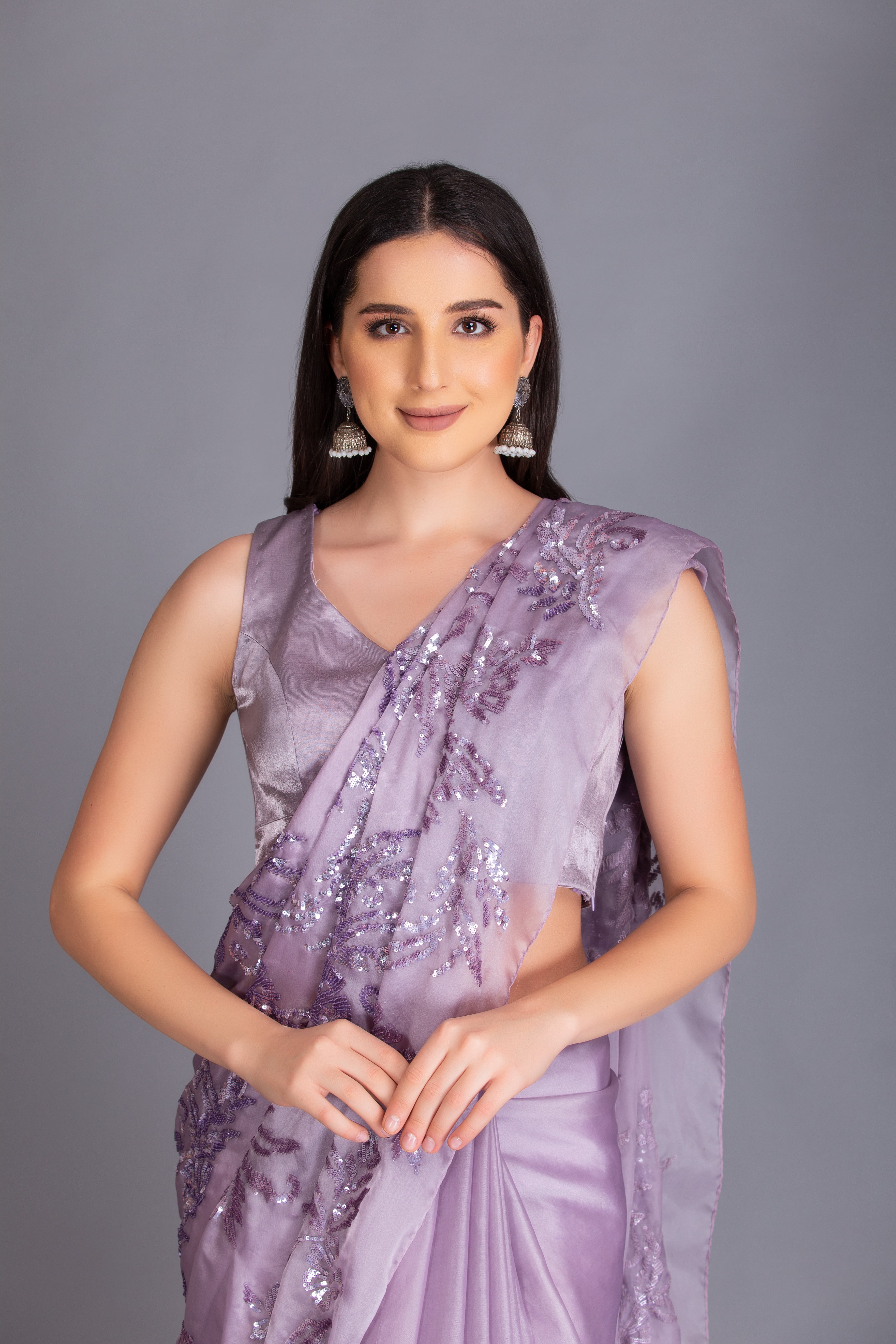 Lilac Embroidered Ruffled Saree Set