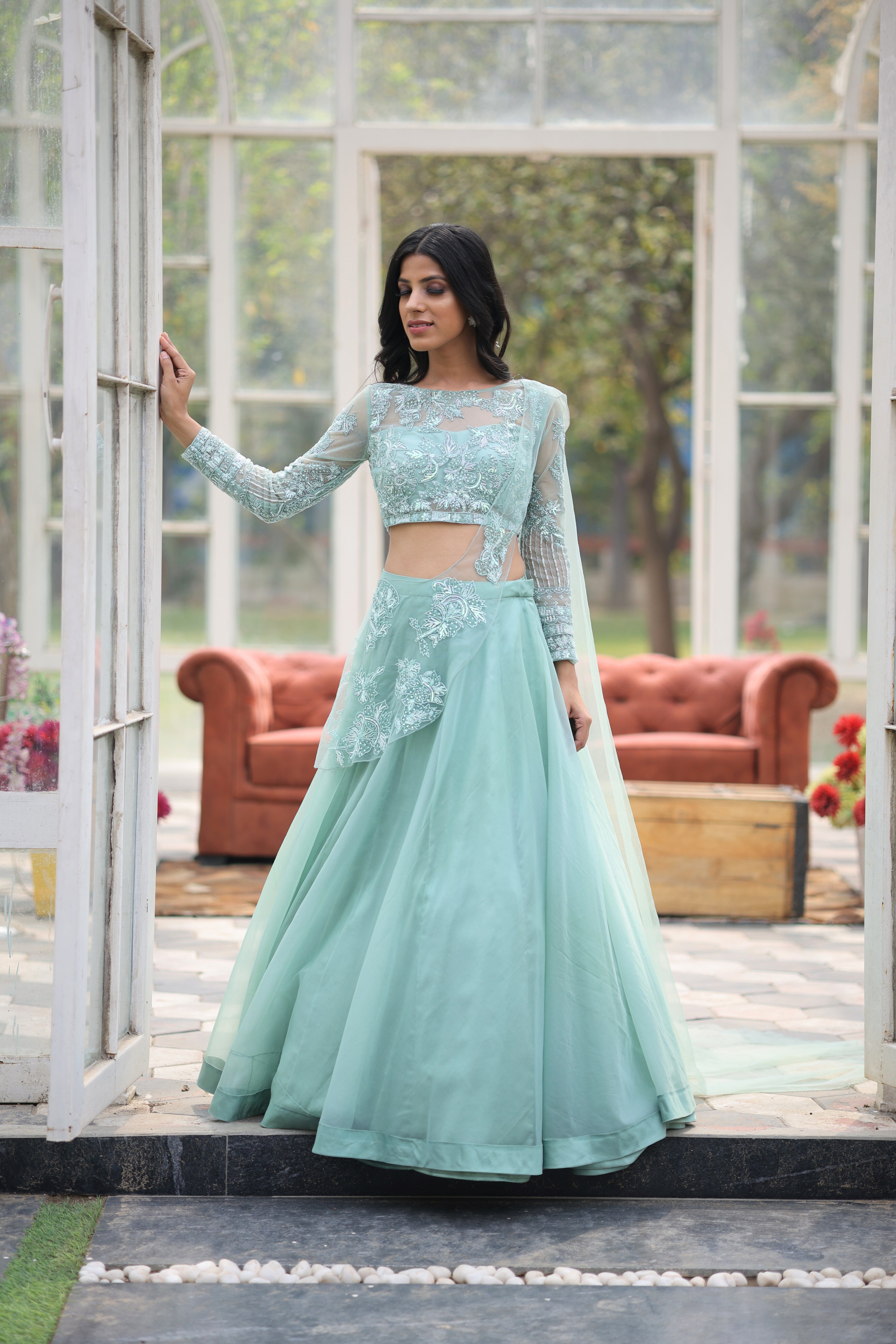 Mint Green Organza Cocktail Lehenga