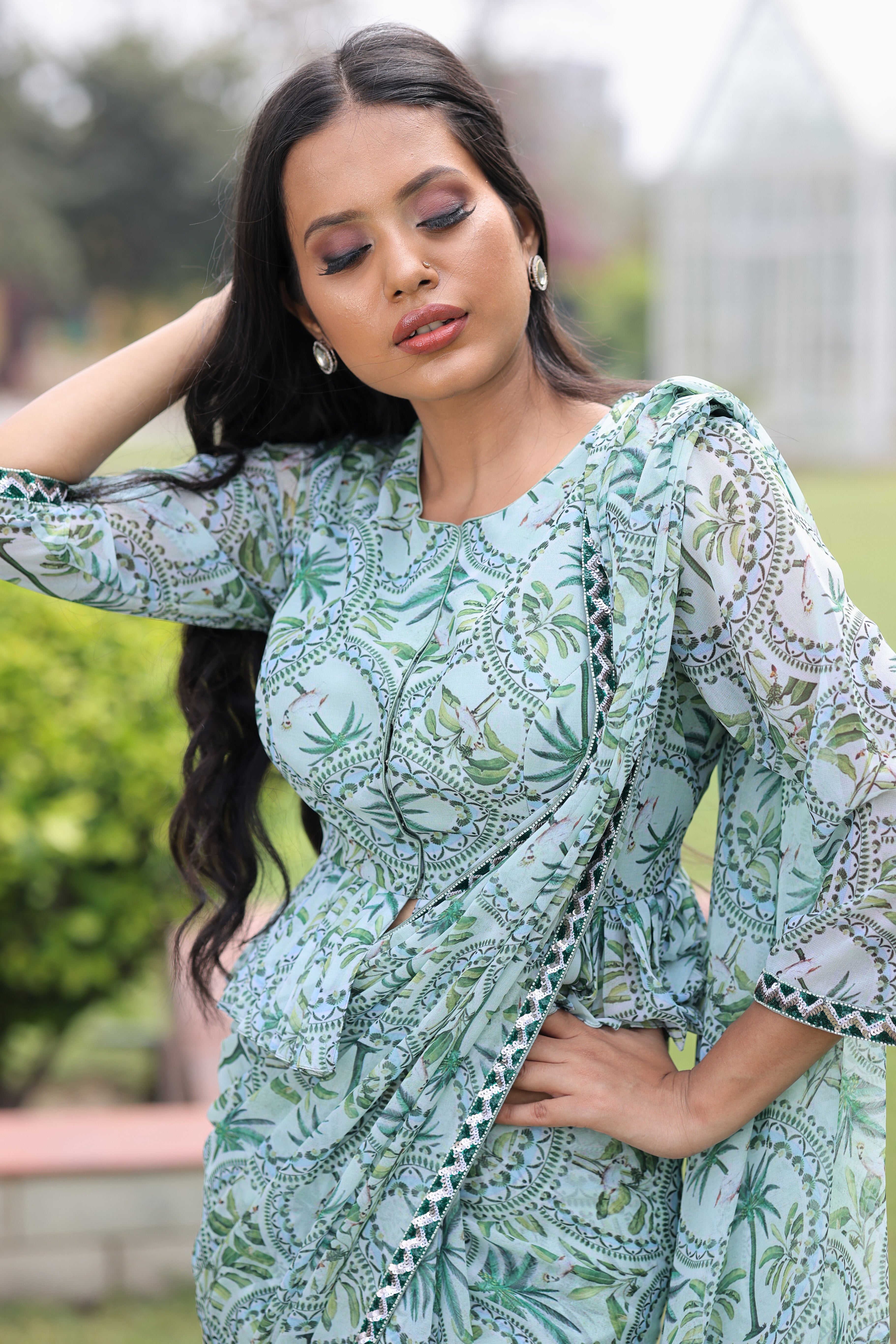 Jade Green Georgette Saree with Peplum Blouse