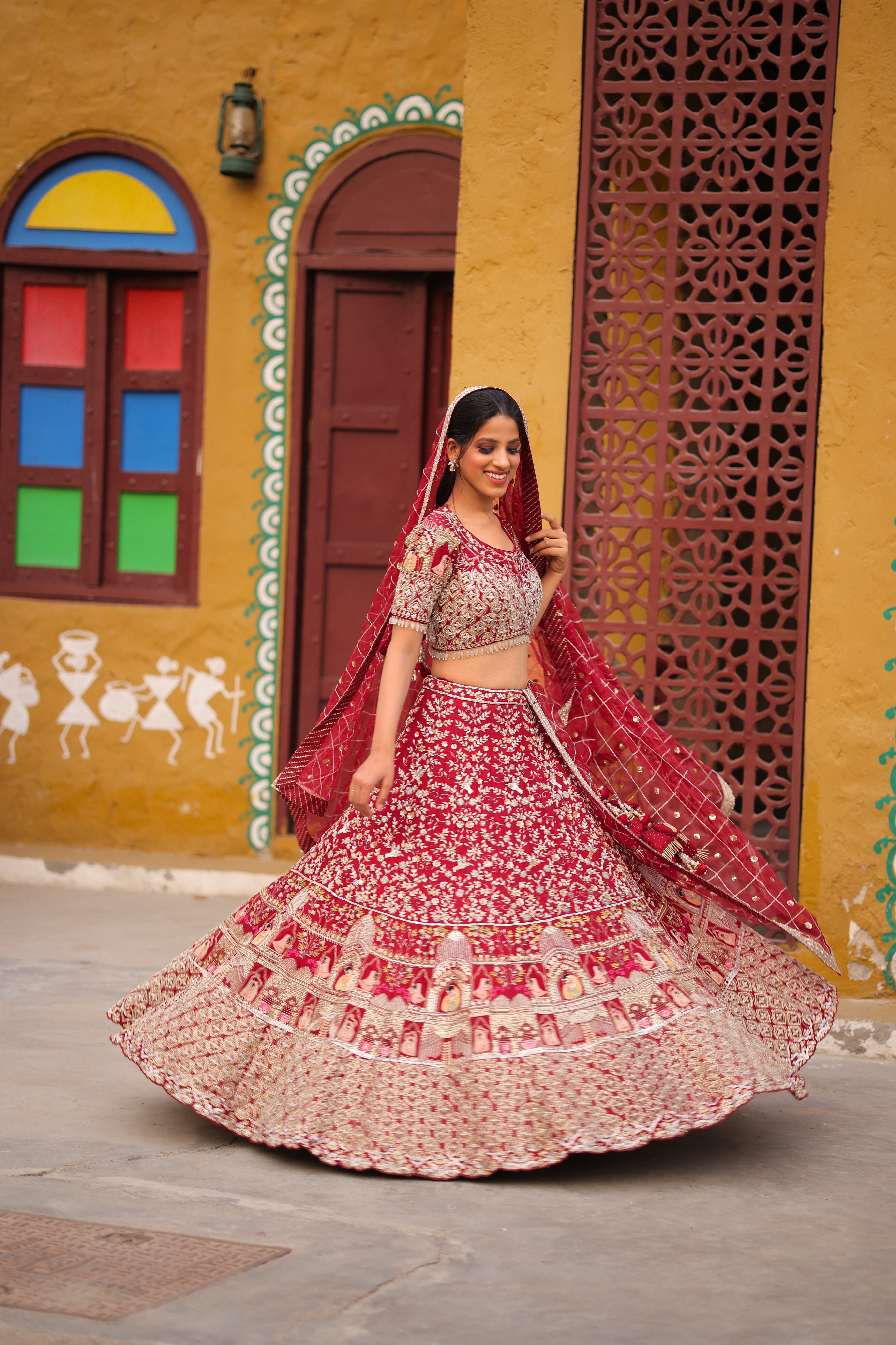 Red Embroidered Bridal Kalidar Lehenga set